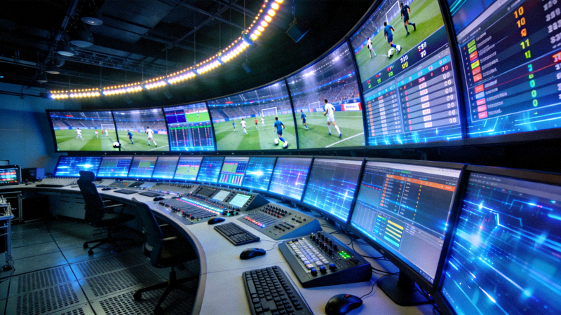 现代体育直播控制中心布满屏幕与数据流的高科技场景